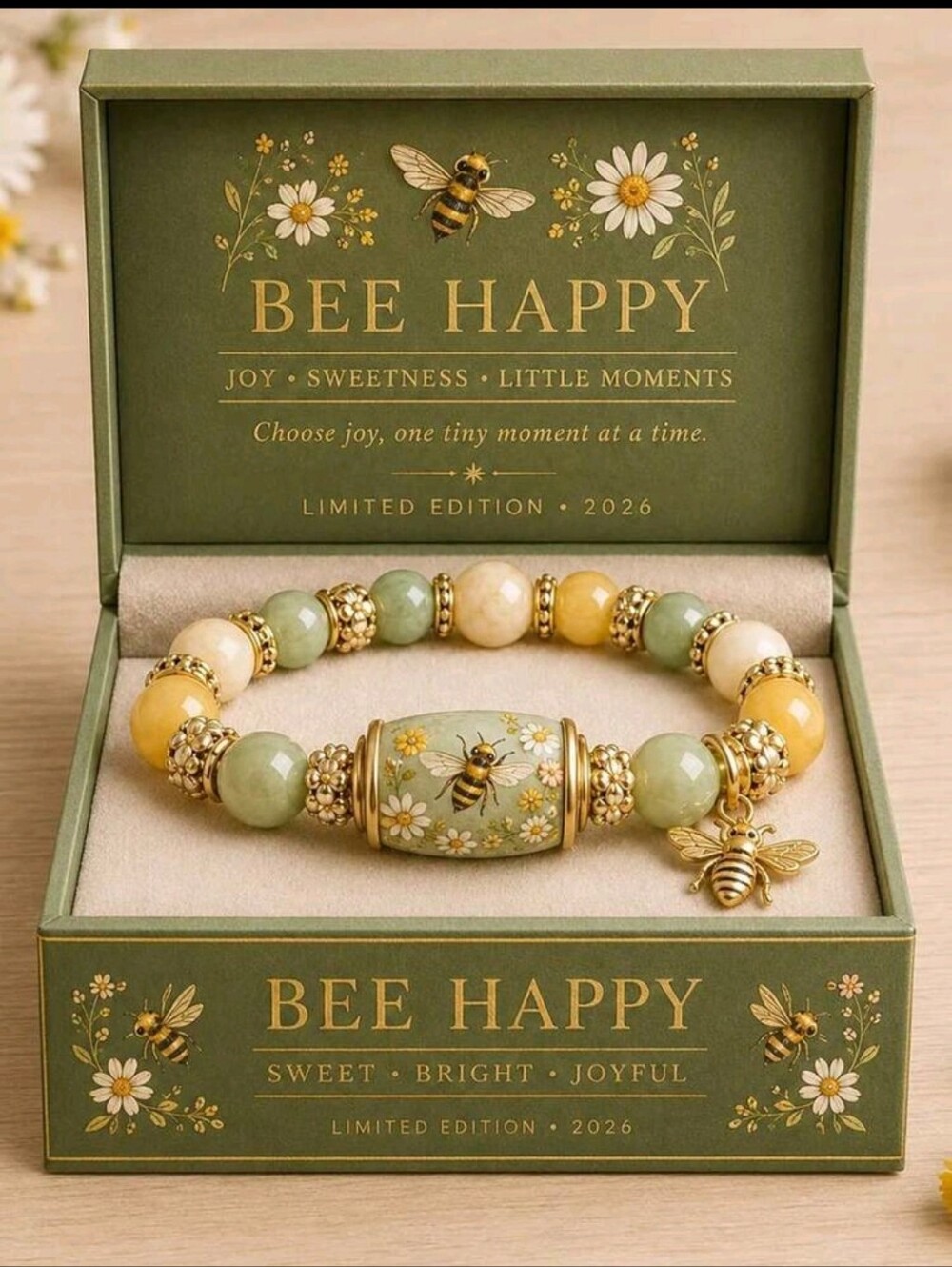 BRAND NEW ** Gold & Green Bee Charm Bracelet In Keepsake Box
